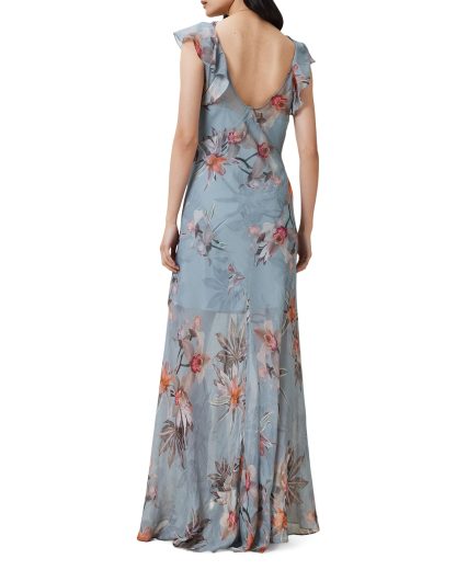 Gray-blue floral print long dress with flying sleeves - Image 5