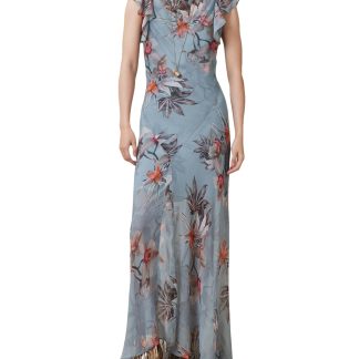 Gray-blue floral print long dress with flying sleeves