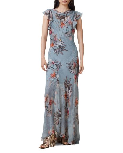 Gray-blue floral print long dress with flying sleeves