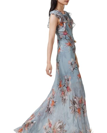 Gray-blue floral print long dress with flying sleeves - Image 2