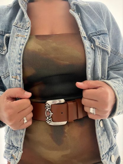 Western vintage carved buckle brown belt