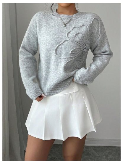 Floral embroidered loose crew neck sweater