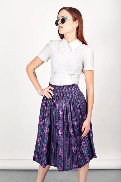Purple and blue jacquard pleated midi skirt