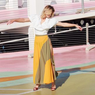 Yellow and brown contrasting high-waisted high-slit draped maxi skirt