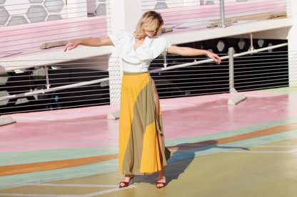 Yellow and brown contrasting high-waisted high-slit draped maxi skirt