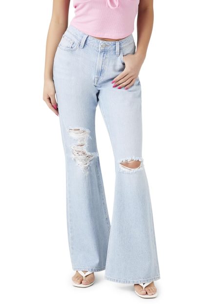 Retro gyaru high-waisted slim-fit flared trousers