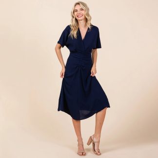 Elegant V-neck batwing sleeve midi dress