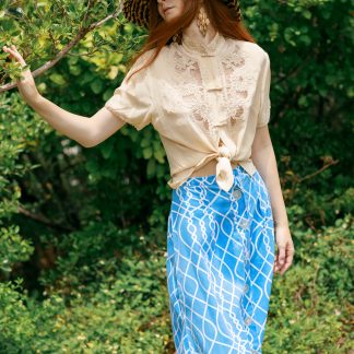 Blue and white geometric pattern button-front high-waist A-line midi skirt