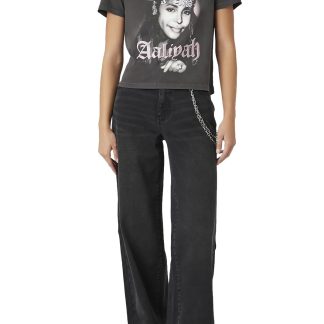 Black and grey washed chain-embellished wide-leg jeans
