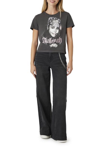 Black and grey washed chain-embellished wide-leg jeans