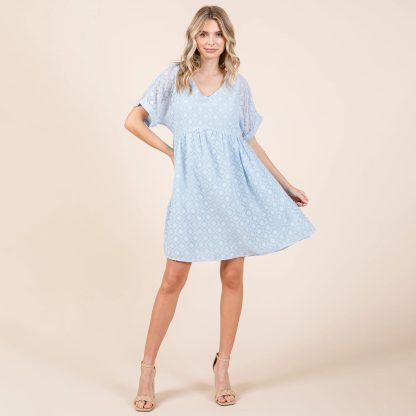 Oxygen V-neck puff-sleeve jacquard babydoll dress