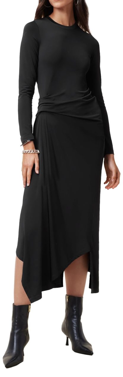 Black long-sleeved irregular pleated dress - Image 4