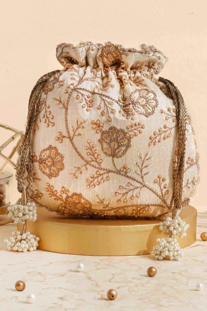 Golden brown embroidered pearl drawstring bag - Image 5