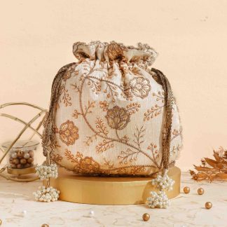 Golden brown embroidered pearl drawstring bag