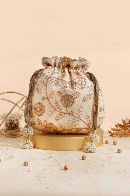Golden brown embroidered pearl drawstring bag