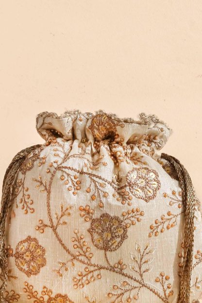 Golden brown embroidered pearl drawstring bag - Image 3