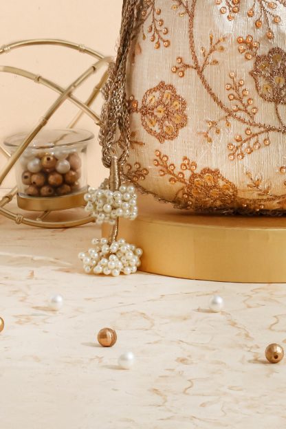 Golden brown embroidered pearl drawstring bag - Image 2