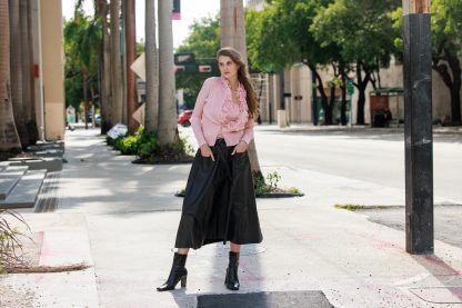 Black leather button-front high waist flared maxi skirt - Image 3