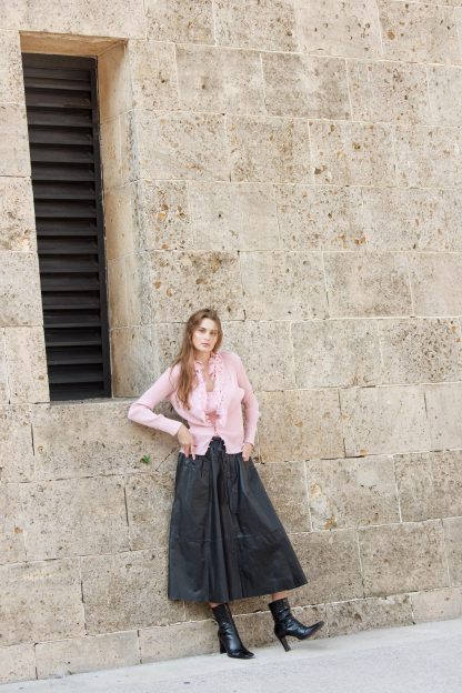 Black leather button-front high waist flared maxi skirt - Image 11