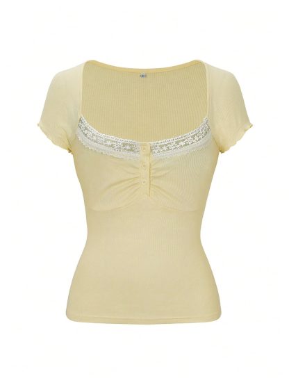 Square neck lace small flying sleeve slim T-shirt - Image 6