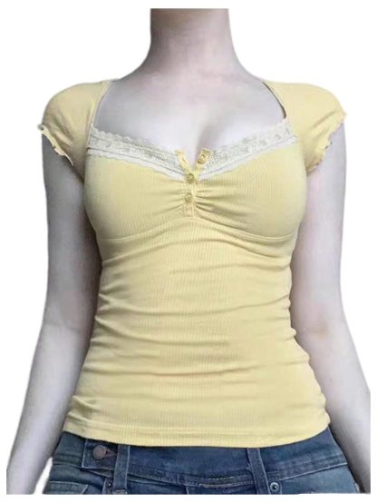Square neck lace small flying sleeve slim T-shirt - Image 5