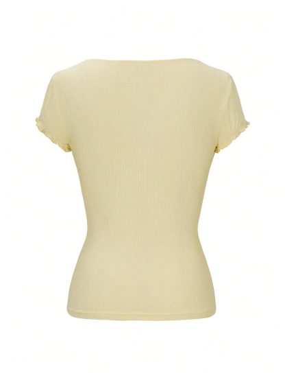 Square neck lace small flying sleeve slim T-shirt - Image 2