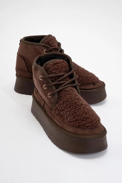 Retro brown plush platform ankle boots