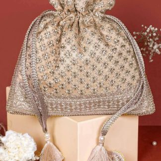 Champagne gold embroidered tassel drawstring bag