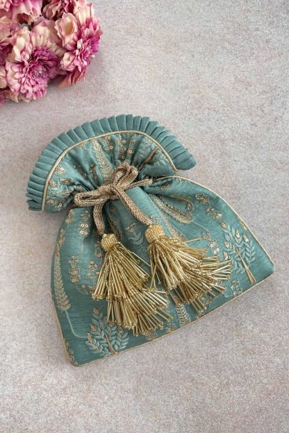 Lapis Lazuli contrasting embroidered drawstring bag