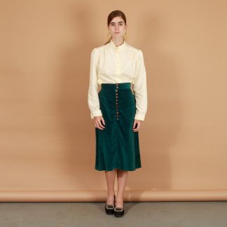 Dark green velvet button-front high-waist slit midi skirt