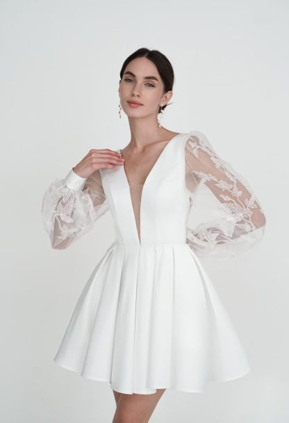 French Deep V Mesh Embroidered Sleeves and Flared Hem Little White Dress - Image 4