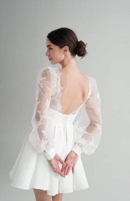 French Deep V Mesh Embroidered Sleeves and Flared Hem Little White Dress - Image 2
