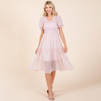 Sweet Polka Dot V-Neck Puff Sleeve Waist Dress