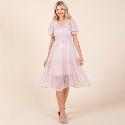 Sweet Polka Dot V-Neck Puff Sleeve Waist Dress