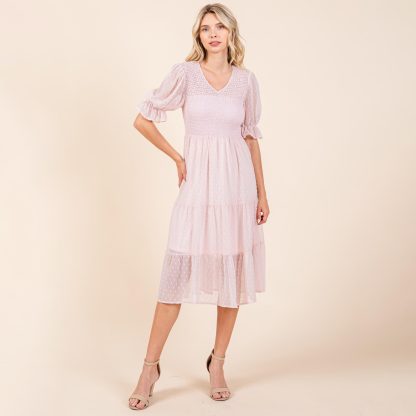 Sweet Polka Dot V-Neck Puff Sleeve Waist Dress - Image 5