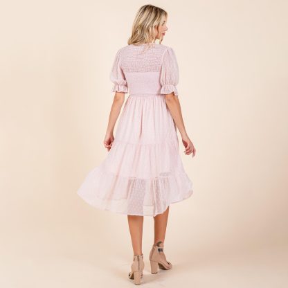 Sweet Polka Dot V-Neck Puff Sleeve Waist Dress - Image 2