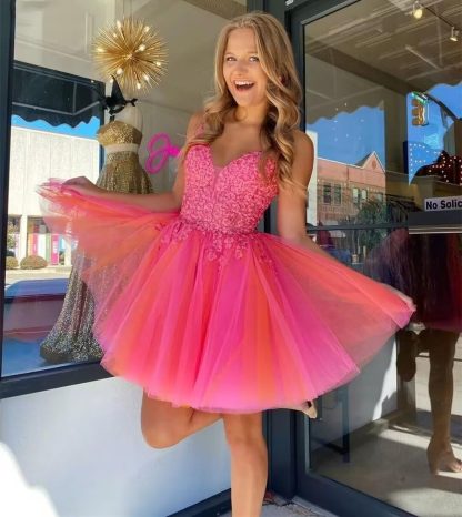 Gradient pink and orange sweetheart neckline lace mesh tulle mini skirt - Image 6