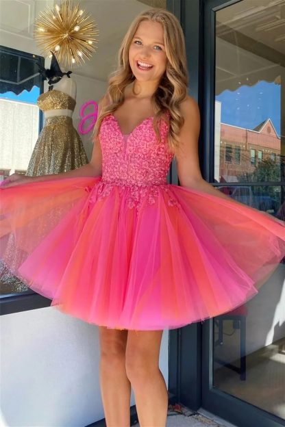 Gradient pink and orange sweetheart neckline lace mesh tulle mini skirt - Image 3
