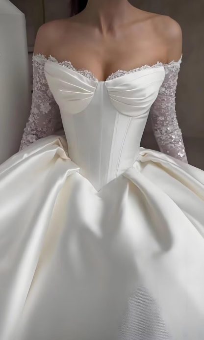 French Satin One-Shoulder Embroidered Long-Sleeved Wedding Dress with Train - Image 6