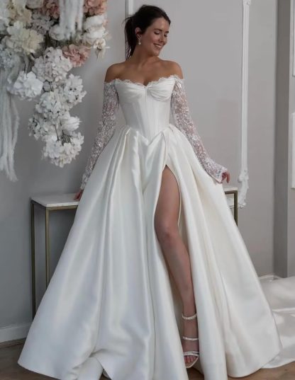 French Satin One-Shoulder Embroidered Long-Sleeved Wedding Dress with Train - Image 4