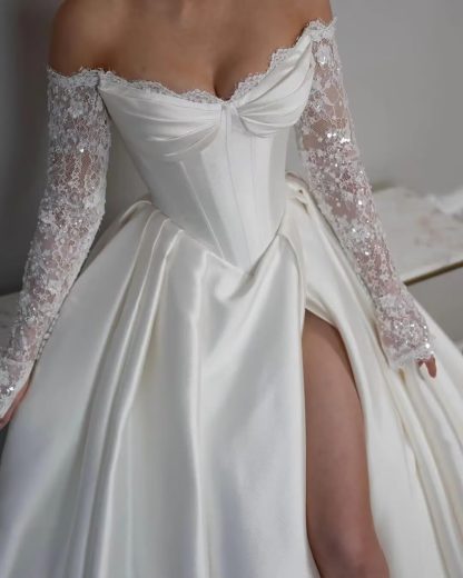 French Satin One-Shoulder Embroidered Long-Sleeved Wedding Dress with Train - Image 3