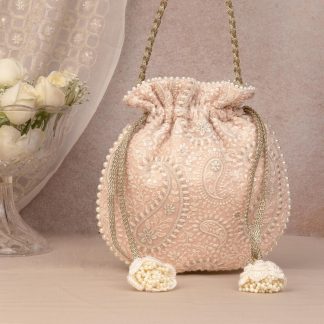 Soft pink pearl embroidered drawstring bag