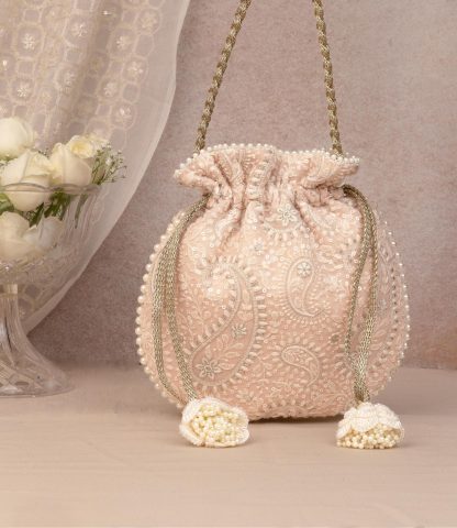 Soft pink pearl embroidered drawstring bag