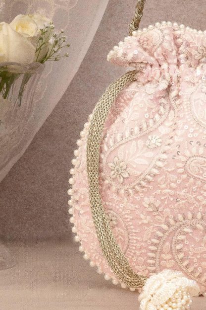 Soft pink pearl embroidered drawstring bag - Image 4
