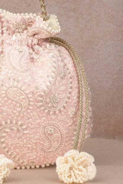Soft pink pearl embroidered drawstring bag - Image 3