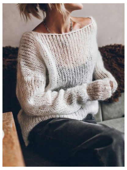 French lazy style one-shoulder chunky knit sweater - Image 4