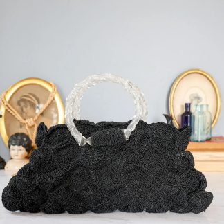 Black transparent handbag with 3D floral pattern