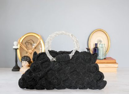 Black transparent handbag with 3D floral pattern