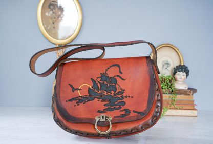 Vintage Sailboat Embossed Leather Crossbody Bag