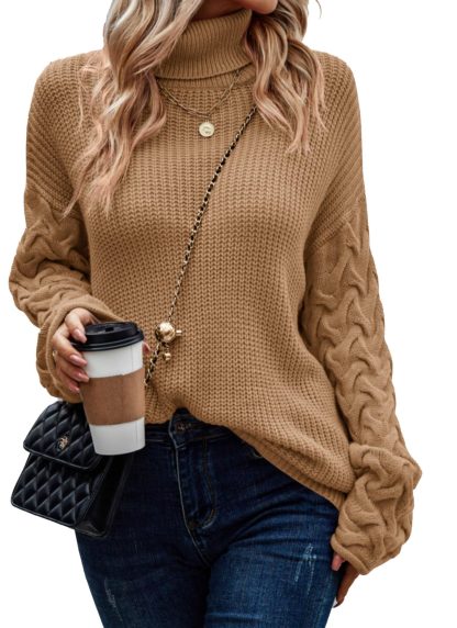 Camel Turtleneck Cable Sleeve Knit Sweater - Image 9